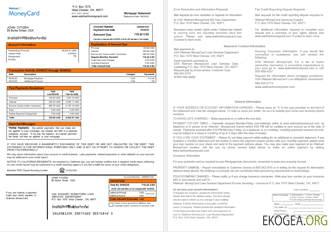 Relevé hypothécaire de la Walmart Money Card aux États , Unis aux formats Word et PDF